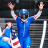 United States' gold medalist Elana Meyers Taylor celebrates at the finish after the women's monobob competition at the 2026 Winter Olympics, in Cortina d'Ampezzo, Italy, Monday, Feb. 16, 2026.