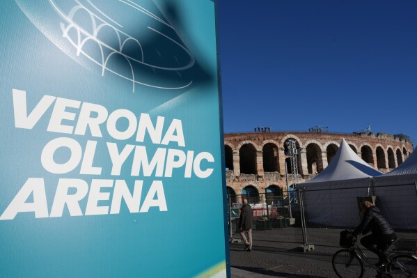 A view of the Arena ahead of the closing ceremony at the 2026 Winter Olympics, in Verona, Italy, Tuesday, Feb. 17, 2026. (AP Photo/Antonio Calanni)