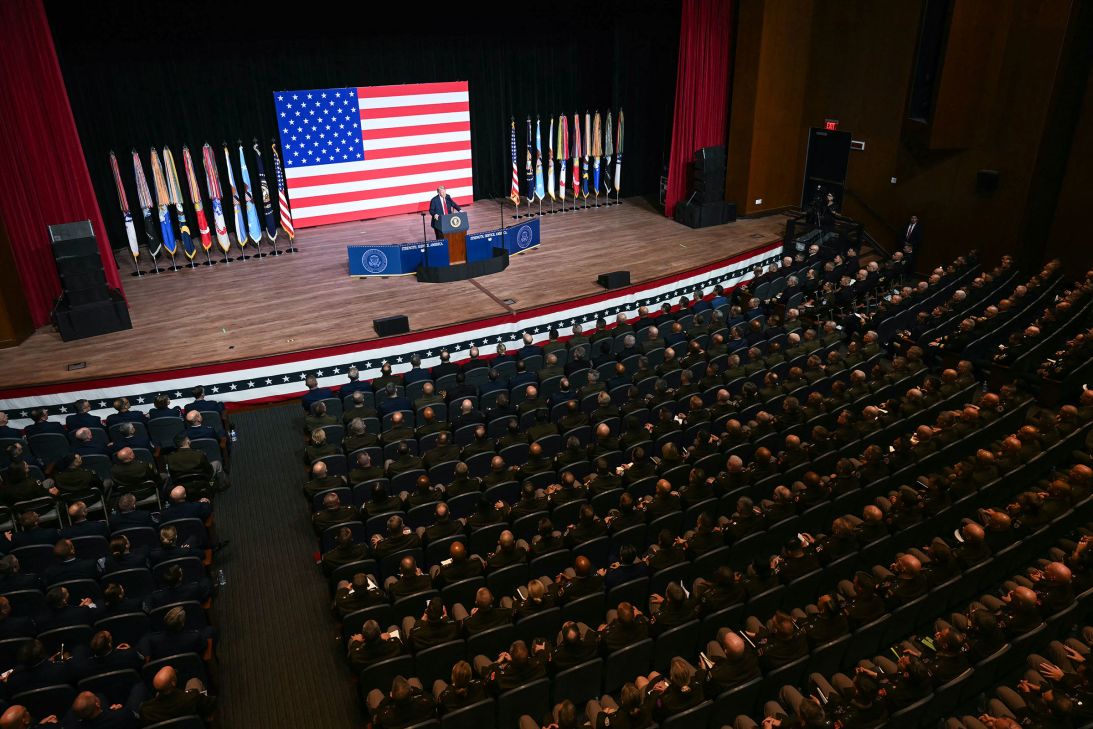 President Donald Trump addresses senior military officers gathered at Marine Corps Base Quantico in Quantico, Virginia, on September 30, 2025.