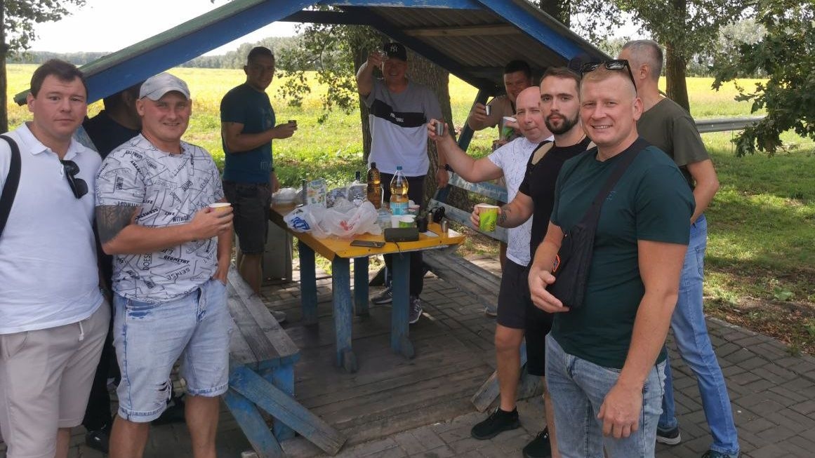 Russian workers have a barbecue near the Zaporizhzhia Nuclear Power Plant in August 2024.