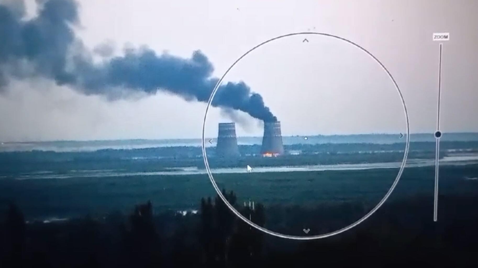 A screen grab from a video released by the Ukrainian presidency shows a fire at the Zaporizhzhia Nuclear Power Plant in Enerhodar, Zaporizhzhia Oblast, Ukraine, on Aug. 11, 2024.