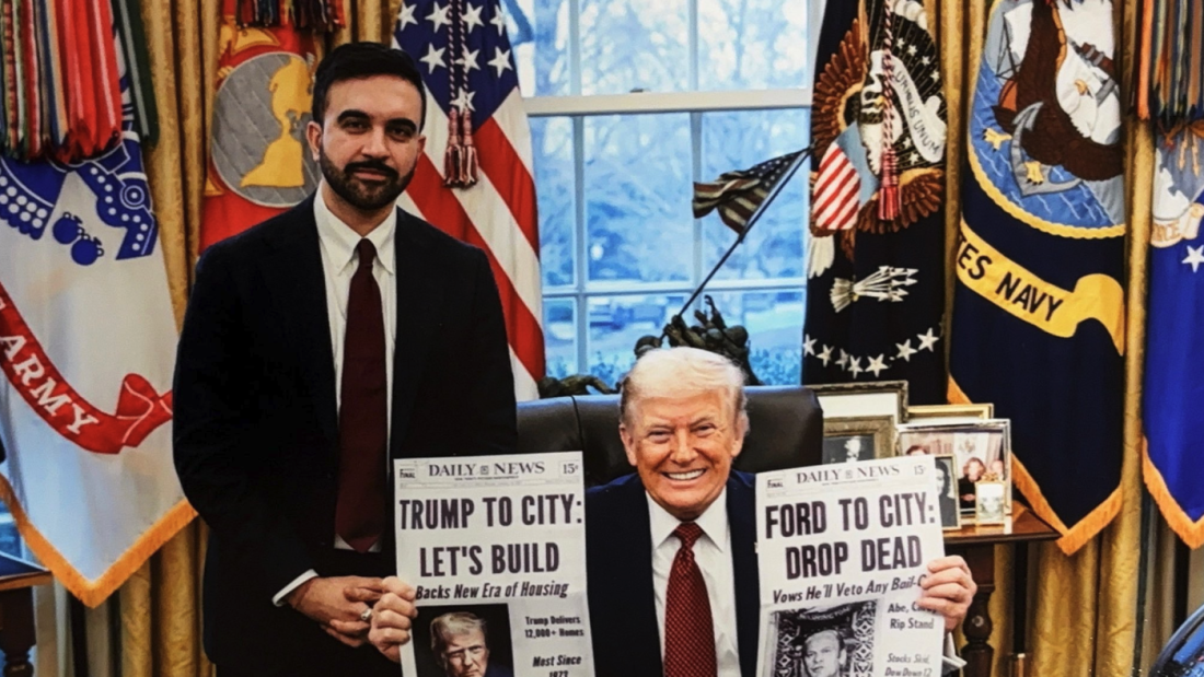 President Trump holds a mock front page of the New York Daily News with the headline “Trump to City: Let’s Build,” stating that "Trump delivers more than 12,000+ homes," the "most since 1973."
