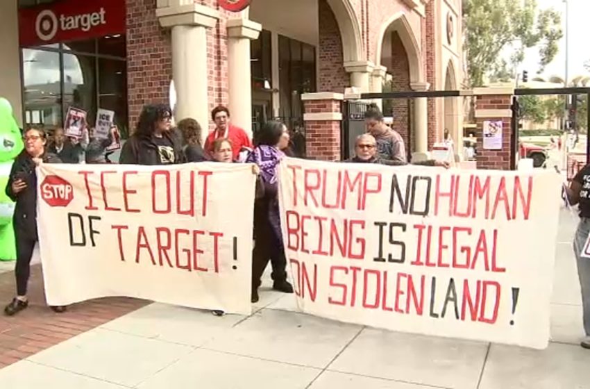  Protesters march through Target store at USC Village to denounce ICE actions and demand store ban agents from store properties