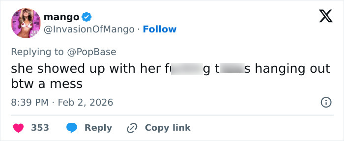 Screenshot of a social media post reacting to Chappell Roan’s Grammys look that sparked outrage and public backlash.