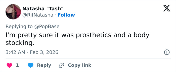 Screenshot of a Twitter reply discussing Chappell Roan’s controversial Grammys look involving prosthetics and a body stocking.