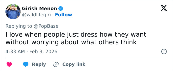 Social media post showing user Girish Menon praising individual style after Chappell Roan Grammys look sparked outrage.