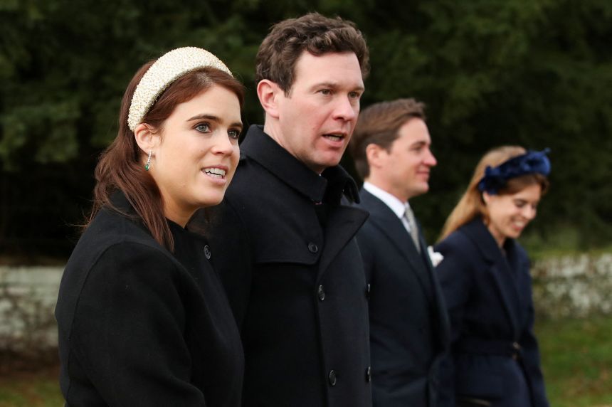 Princess Eugenie with husband Jack Brooksbank and Princess Beatrice with her partner Edoardo Mapelli Mozzi attend the royal family's Christmas Day church service on December 25, 2023.