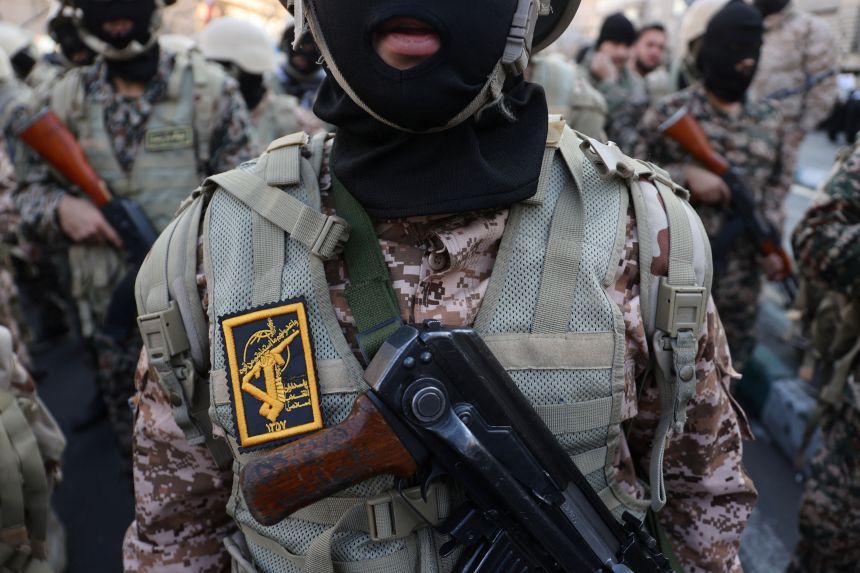 Members of Iranian militia forces (Basij) attend an anti-Israeli march in Tehran, Iran, on January 10, 2025.
