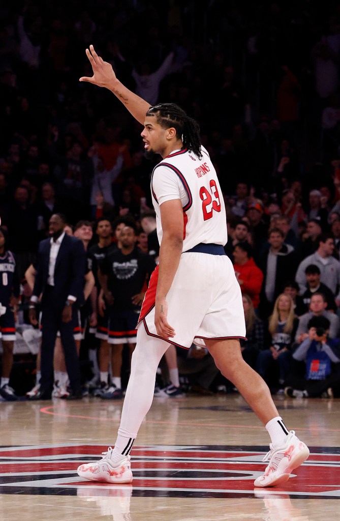 St. John's Red Storm forward Bryce Hopkins (23) reacts after hitting a three-point shot during the second half when the St. John's Red Storm played the UConn Huskies Friday, February 6, 2026 at Madison Square Garden in Manhattan, NY.