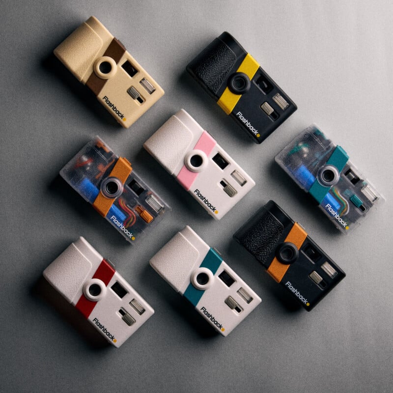 Nine retro-style cameras in various colors and designs, including beige, black, white, translucent, and models with colored stripes, are arranged neatly on a gray surface.