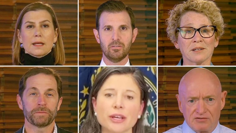 Clockwise from top left: Sen. Elissa Slotkin, Rep. Chris Deluzio, Rep. Chrissy Houlahan, Sen. Mark Kelly, Congresswoman Maggie Goodlander and Congressman Jason Crow.  