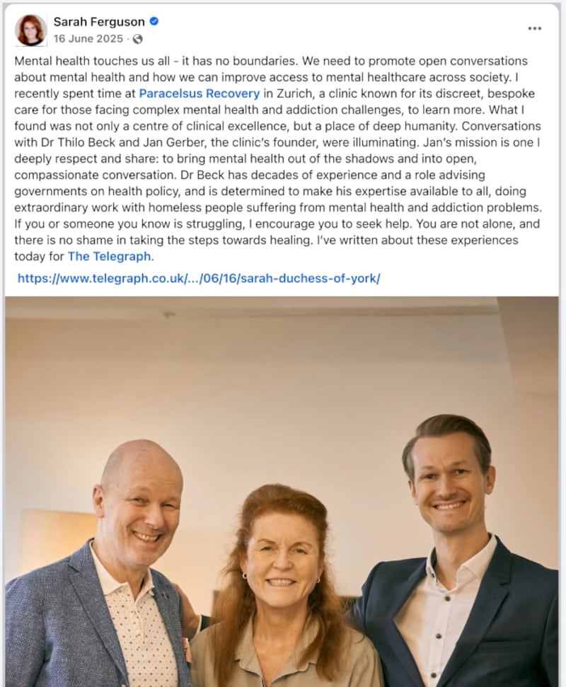 Sarah Ferguson has posted about a previous visit to Paracelsus on social media, and written about for a U.K. newspaper.