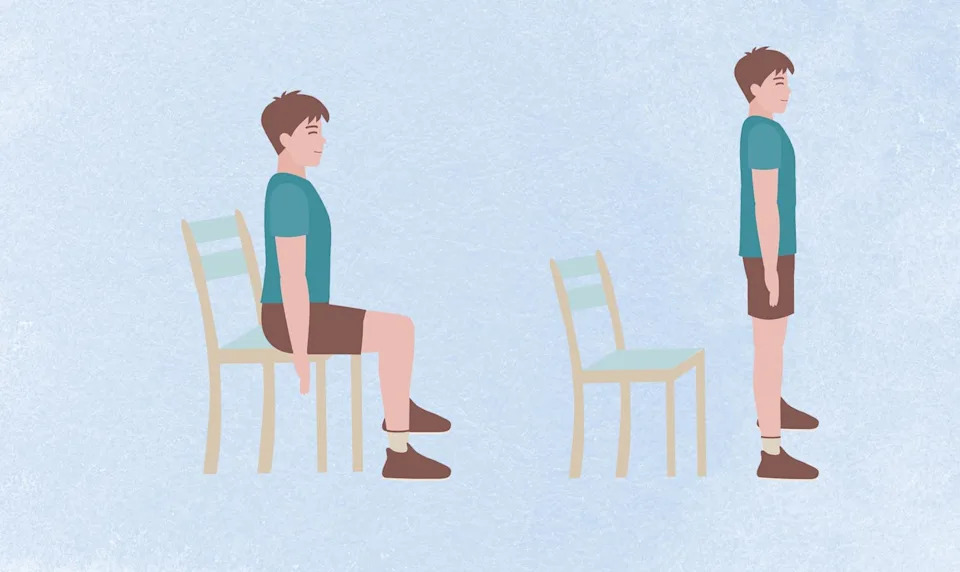 an illo of a man doing the sit-to-stand exercise