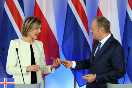 Poland’s prime minister Donald Tusk and Iceland’s prime minister Kristrún Frostadóttir attend a joint press conference following their meeting in Warsaw, Poland.