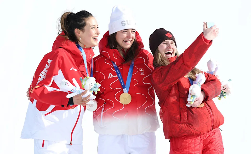 Eileen Gu, Mathilde Gremaud and Megan Oldham, pictured here after the women's slopestyle final at the Winter Olympics.