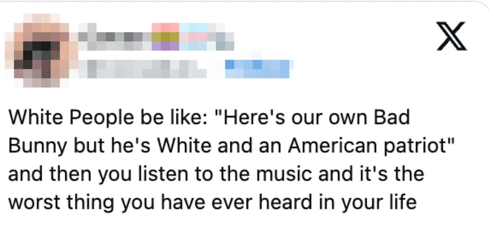 Tweet by Cocoa criticizing music, comparing it to a white, American version of Bad Bunny, stating it's the worst thing they've heard