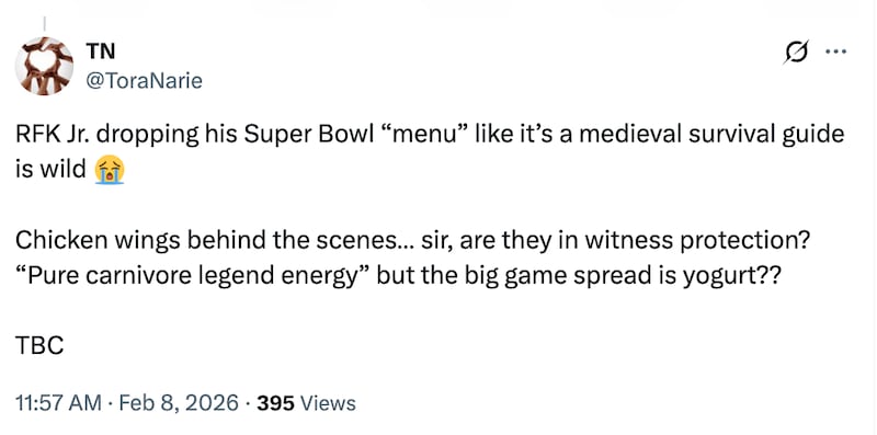 An X post responding to RFK. Jr's planned Super Bowl meal, which includes "meat and ferments."