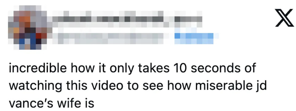 Social media post by user commenting on a video about JD Vance's wife, suggesting she looks miserable