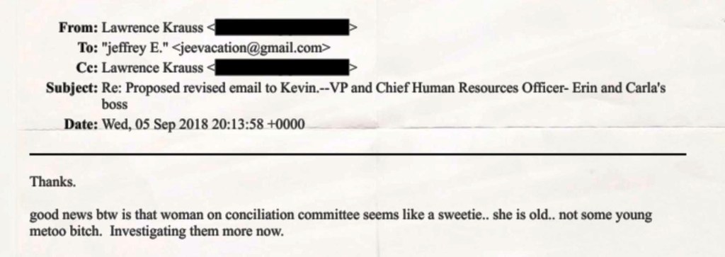 Screenshot of an email from Lawrence Krauss to Jeffrey Epstein dated September 5, 2018, with the subject line referencing a proposed revised email to a university human resources official. Below a sign-off reading “Thanks,” the body includes a sentence describing a woman on a conciliation committee as “old” and using a derogatory reference to the #MeToo movement.
