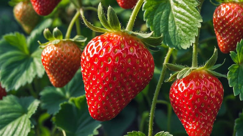 Large ripe strawberries hanging from the vine
