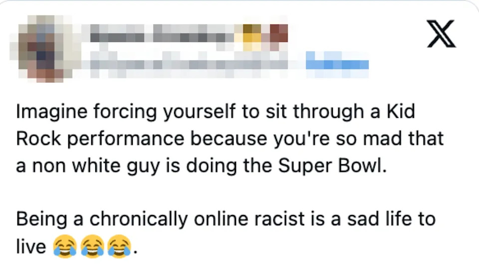 Tweet criticizing racism surrounding Super Bowl performance, suggesting frustration with non-white performer