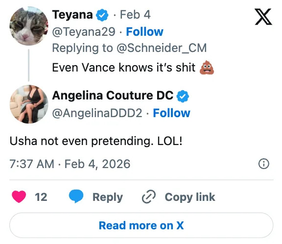 Twitter exchange where Teyana criticizes something using a cat emoji and poo emoji. Angelina responds with "Usha not even pretending. LOL!"