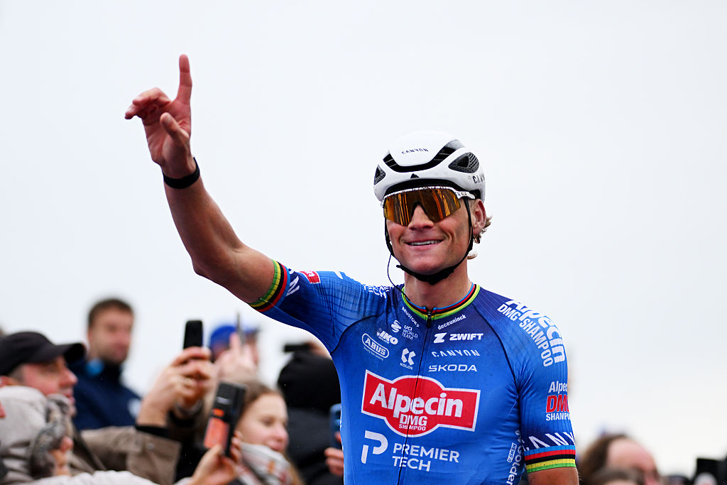 NIVONE, BELGIUM - FEBRUARY 28: Mathieu van der Poel of Netherlands and Team Alpecin-Premier Tech celebrates at finish line as race winner during the 21st Omloop Het Nieuwsblad 2026, Men&amp;apos;s Elite a 207.2km one day race from Ghent to Ninove / #UCIWT / on February 28, 2026 in Ninove, Belgium. (Photo by Tim de Waele/Getty Images)