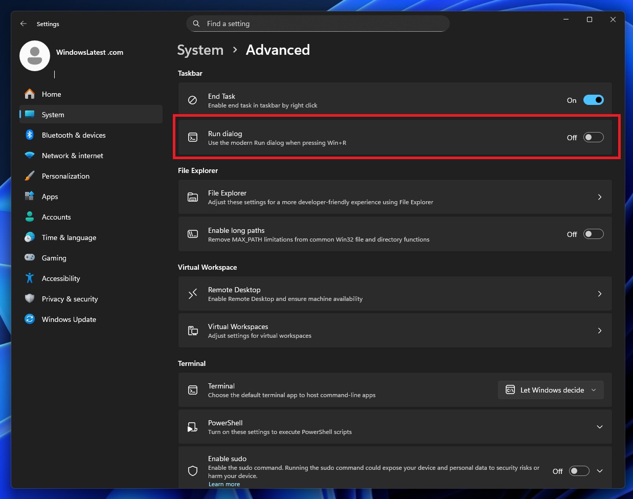 Enable modern Windows Run