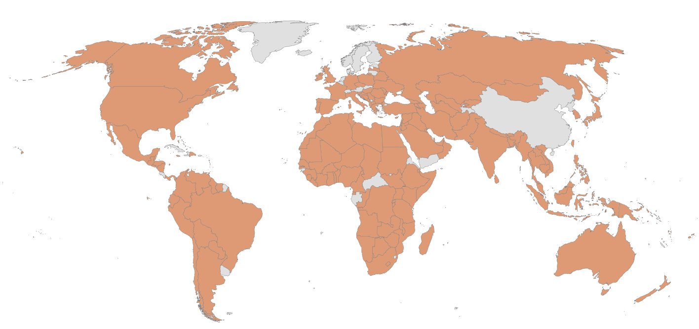 World map showing various countries colored in orange.