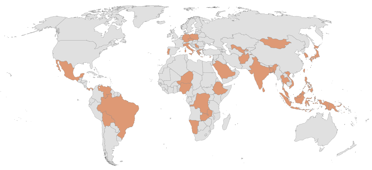 World map showing various countries highlighted in orange. The countries include those in the Americas, Africa, Europe, and Asia. 
