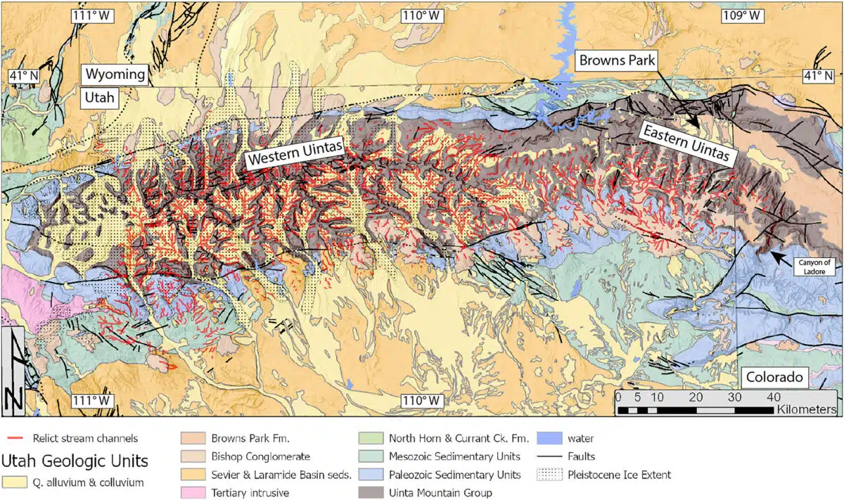 Geological Map Of The Uinta Mountains Showing Key Formations, Faults, And Ancient Stream Channels.