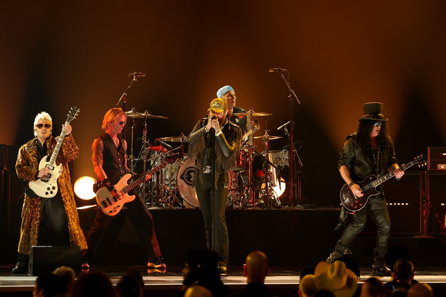 Andrew Watt, Duff McKagan, Post Malone, Chad Smith and Slash perform during the 68th Grammy Awards in Los Angeles at Crypto.com Arena on Feb. 1, 2026.