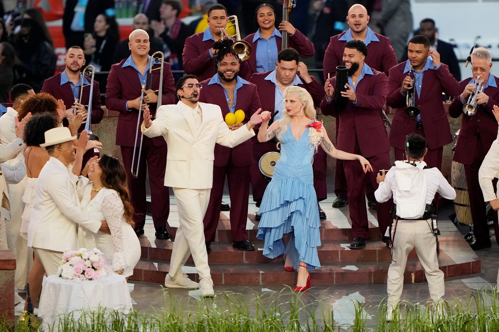 Image may contain Latin Fresh Harvey Guillen Bumper Robinson Bad Bunny Jay Fonseca Lady Gaga People Person and Adult