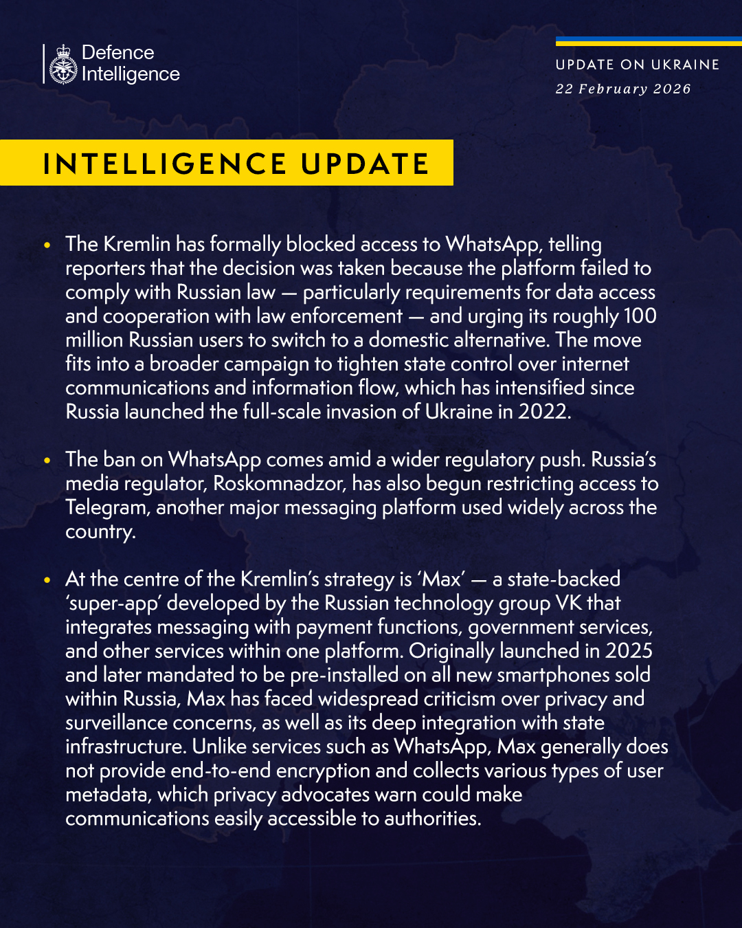 The Kremlin has formally blocked access to WhatsApp, telling reporters that the decision was taken because the platform failed to comply with Russian law — particularly requirements for data access and cooperation with law enforcement — and urging its roughly 100 million Russian users to switch to a domestic alternative. The move fits into a broader campaign to tighten state control over internet communications and information flow, which has intensified since Russia launched the full-scale invasion of Ukraine in 2022. The ban on WhatsApp comes amid a wider regulatory push. Russia’s media regulator, Roskomnadzor, has also begun restricting access to Telegram, another major messaging platform used widely across the country. At the centre of the Kremlin’s strategy is ‘Max’ — a state-backed ‘super-app’ developed by the Russian technology group VK that integrates messaging with payment functions, government services, and other services within one platform. 