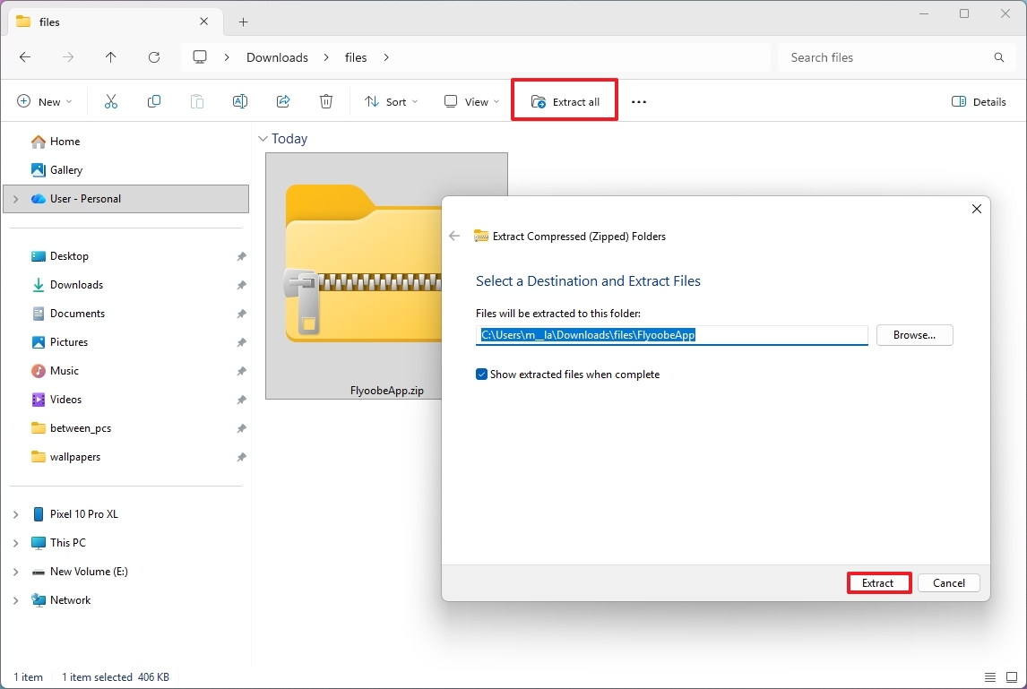 File Explorer Extract all
