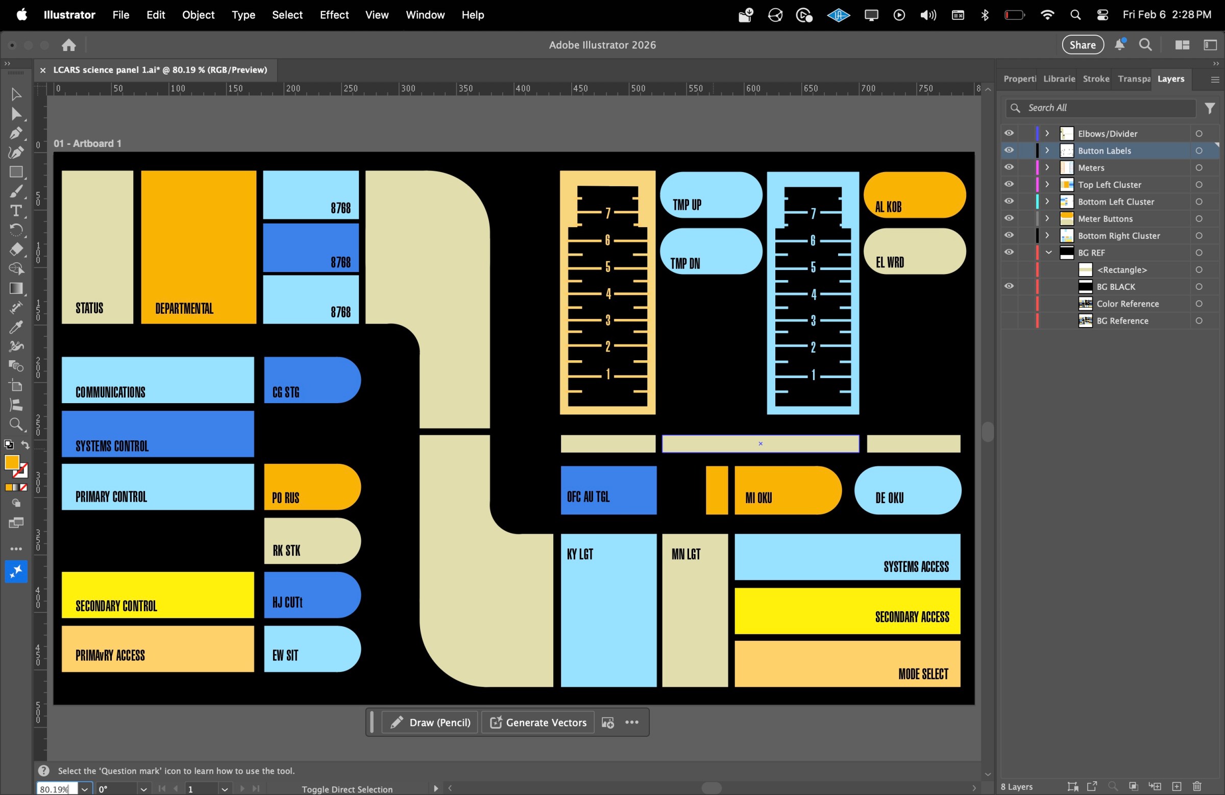A screenshot from Adobe Illustrator showing a design for an LCARS computer control panel from Star Trek