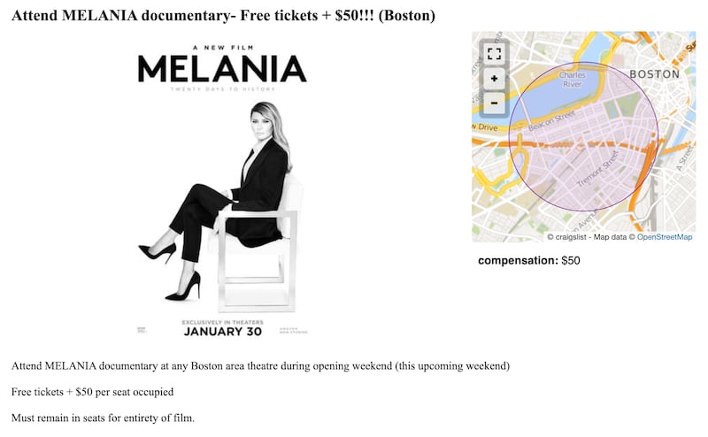 A viral ad offered people free tickets to watch "Melania" in Boston theaters, and recieve $50 for doing so.