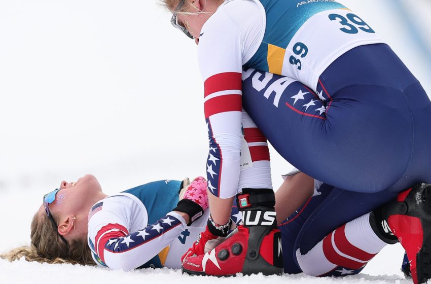  Jessie Diggins collapses in pain after securing bronze in Winter Olympics
