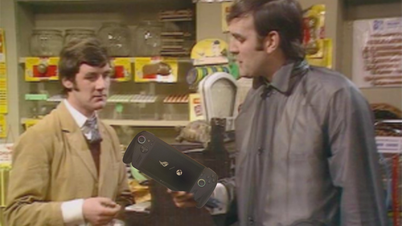A man gestures towards a shopkeeper holding a gaming console.