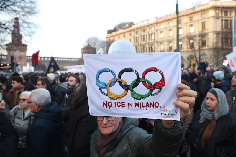 MILAN, ITALY - JANUARY 31: Thousands of demonstrators, holding banners, march to protest against the presence of US Immigration and Customs Enforcement (ICE)âs agents for the Winter Olympic Games in Italy next month on January 31, 2026. Agents from the controversial ICE will help support security operations for the Winter Olympic Games in Italy next month, sources at the US Embassy in Rome said on Tuesday. The protesters carried banners saying âStop the gestapo (ICE) from kidnapping peopleâ, âIllegal Criminal Inforcementâ, âICE go homeâ and marched the city streets. The possible presence of ICE agents on the Italian territory during the Olympic Games Milan-Cortina 2026 has sparked a heated debate in the country, after ICE was involved in the killings of two American citizens during their surveillance operations in the US. (Photo by Michele Luigi Edoardo Novaga/Anadolu via Getty Images)
