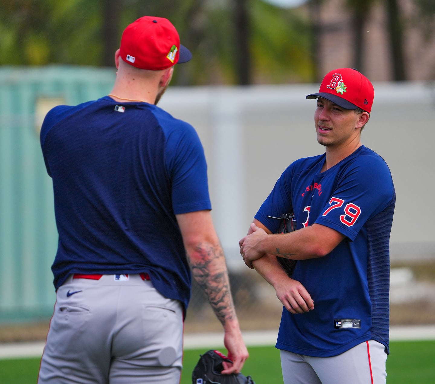 Tyler Uberstine chats with Red Sox ace Garrett Crochet at spring training on Thursday.