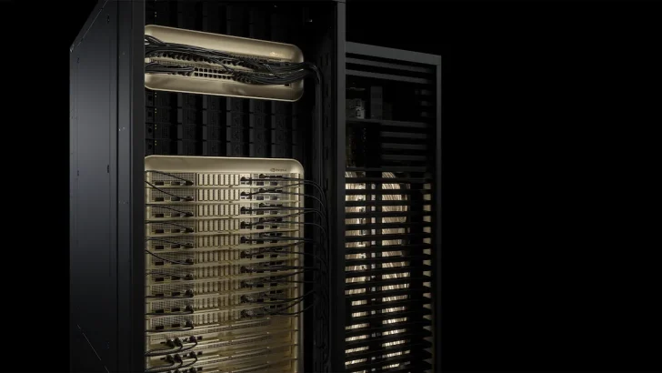 A partially open server rack displays NVIDIA hardware components and cabling inside.