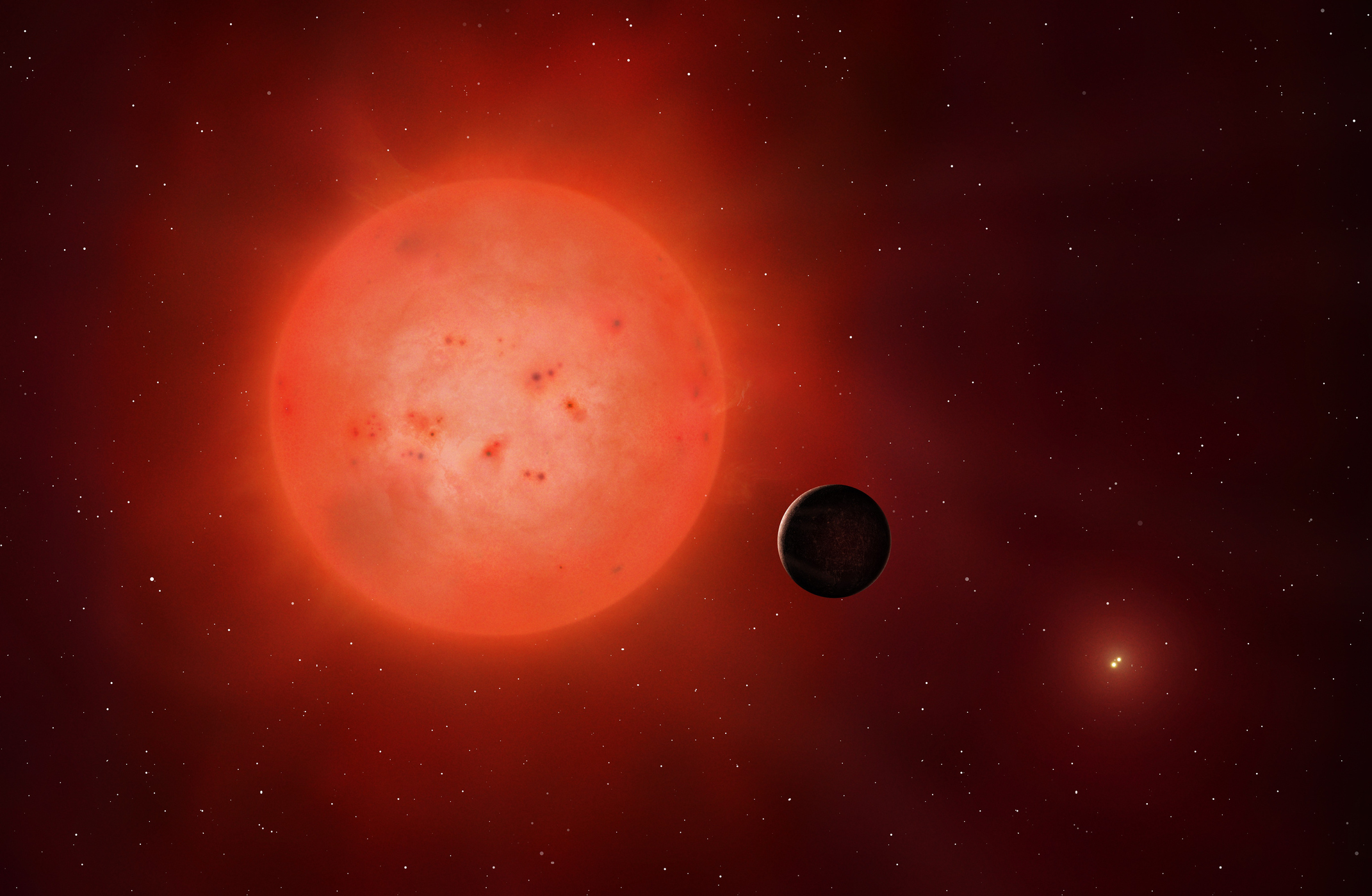 An illustration of Proxima b, the closest star to our system, as a glowing ball of red light, with a small planet silhouetted in the foreground
