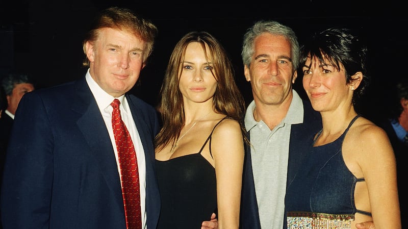 Donald Trump with his then-girlfriend (and now wife), Melania Knauss, Jeffrey Epstein, and Ghislaine Maxwell.
