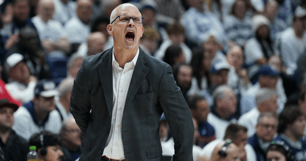UConn basketball coach Dan Hurley watches from the sideline as they take on the Marquette Golden Eagles at Harry A. Gampel Pavilion.