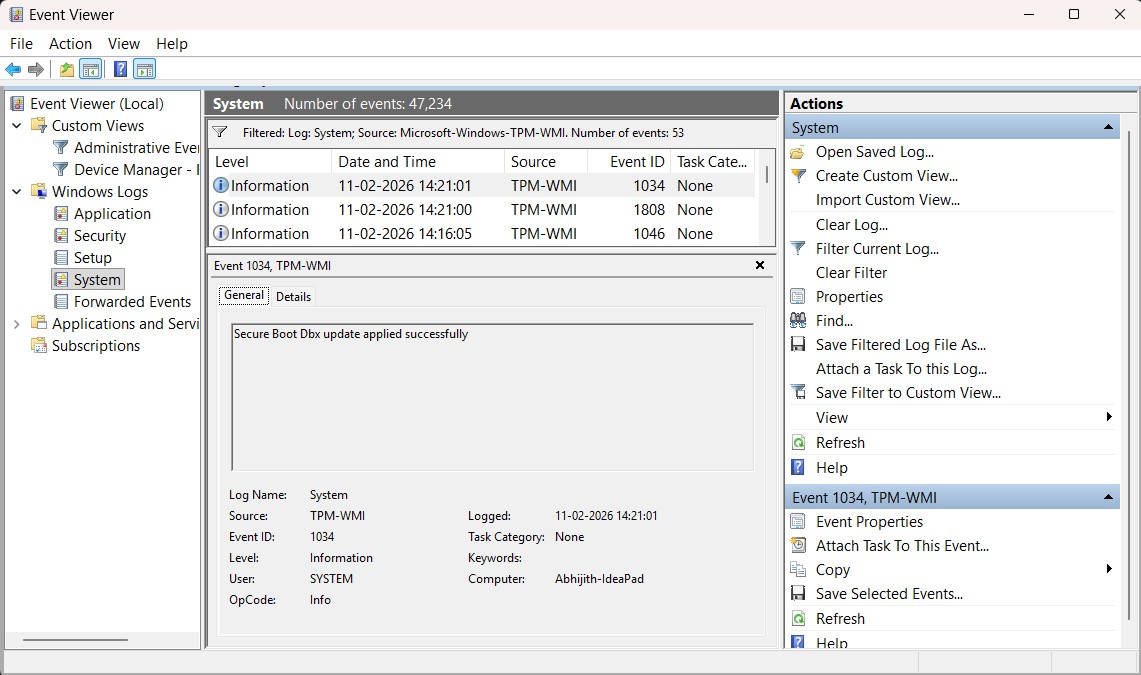 Windows Event Viewer displaying Event ID 1034 with the message "Secure Boot Dbx update applied successfully,"