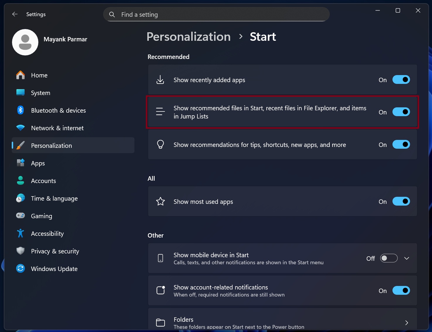 Show recommended files in the Start menu