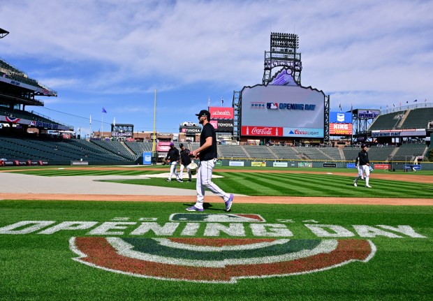 Colorado Rockies first baseman Kris Bryant (23) heads to the cage for batting practice before playing the Tampa Bay Rays for the Rockies home opener at Coors Field in Denver on Friday, April 5, 2024. (Photo by Andy Cross/The Denver Post)