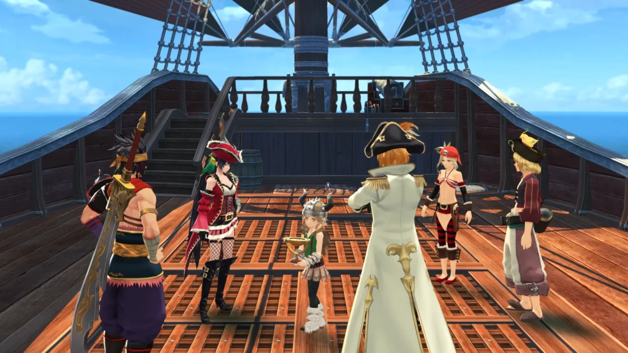 A screenshot of the cast on a boat wearing pirate outfits in Tales of Berseria Remastered.