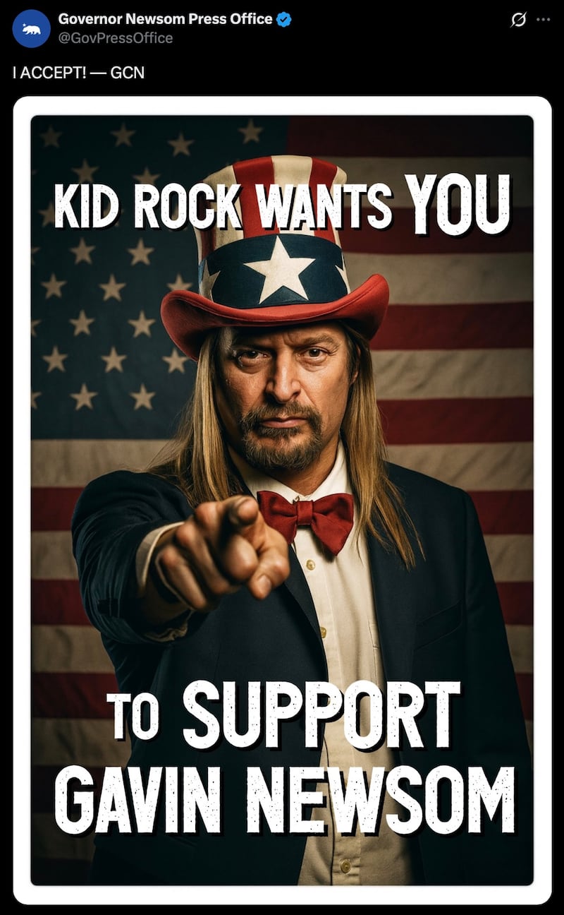 Gavin Newsom's X post about Kid Rock.
